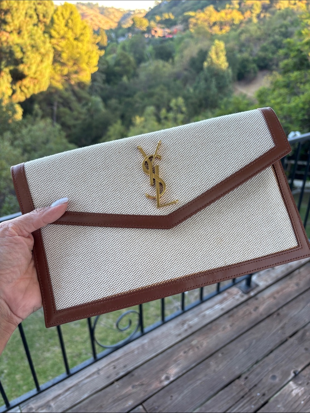 Saint Laurent Beige and Brick Brown Envelope Clutch with Gold YSL - Picture 6 of 8